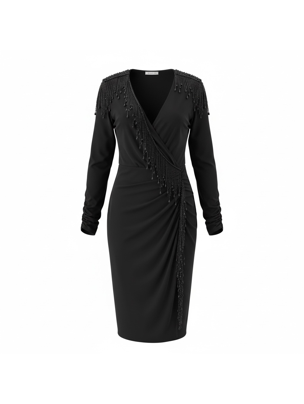 Criscione Black Beaded Fringe Wrap Midi Dress